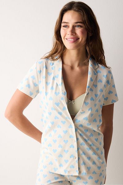 Penti Baumwoll-Pyjama-Set mit blauen Herzen und geknöpftem Hemd