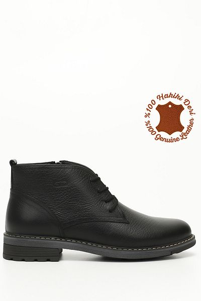 GÖNDERİ(R) Men's Black Lace-Up Rubber Sole Genuine Leather Classic Boots