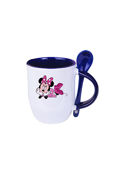 Dekormas Mickey Mouse Baskılı Mavi Kaşıklı Seramik Kupa
