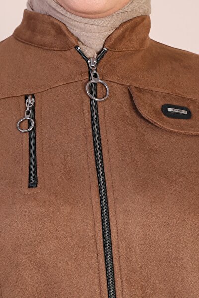 Ferace Women's Large Size Hijab Suede Cap - Long Top Coat with Neck Zipper