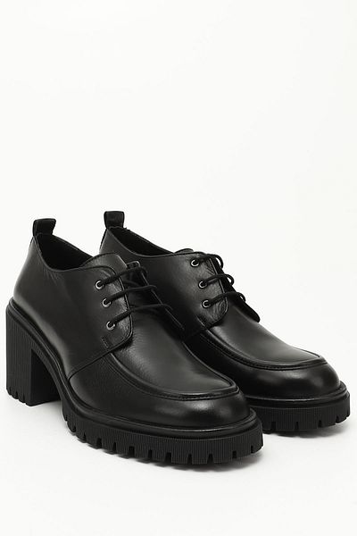 GÖNDERİ(R) Black Genuine Leather Round Toe Thick Heeled Lace up Women's Shoes 24300