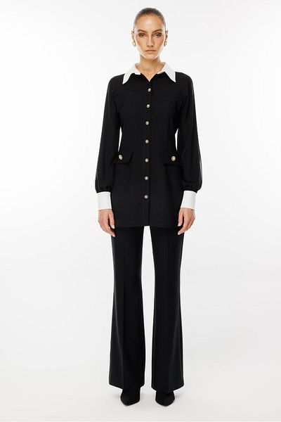 Moda İlgi Black Chiffon Tunic - Modailgi, Button Detail and Mix Fabric