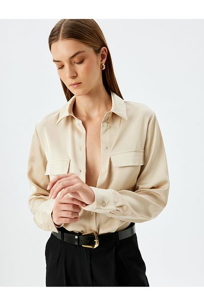 Koton Long Sleeve Clamshell Pocket Detail Satin Shirt