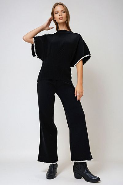 VAGGON Set bluză neagră cu gât și pantaloni Palazzo - Talie cusută, Gipeli Prm1262