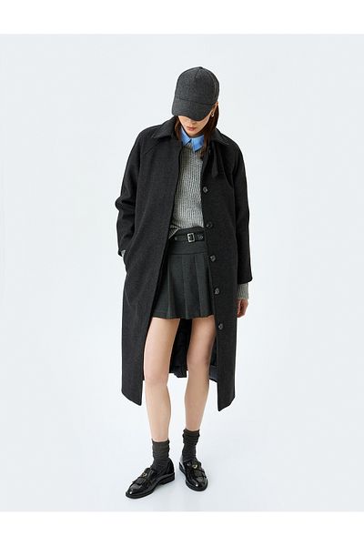 Koton Belted Buttoned Classic Collar Pocket Detailed Lined Cashmere Coat
