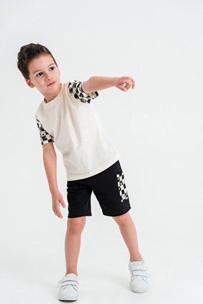 Mışıl Kids Boys' T-Shirt Shorts Set with Checkerboard Pattern on Sleeves
