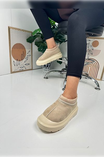 İmerShoes Καθημερινές γυναικείες μπότες Μπεζ με χοντρό τακούνι με μοτίβο σόλα με γούνα εσωτερικά ρυθμιζόμενο ελαστικό μποτάκι 357