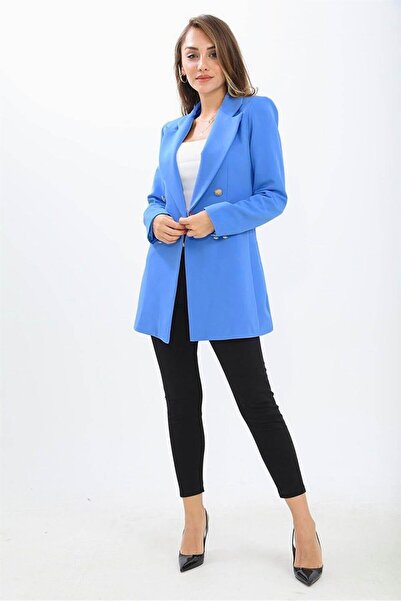 VAPUR TEKSTİL Atlas Fabric Women's Blazer Jacket with Padded Shoulders and Snaps on the Front - Blue