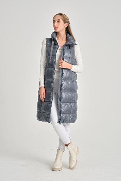 della moor Women's Petrol Blue Shiny Stand Collar Vest