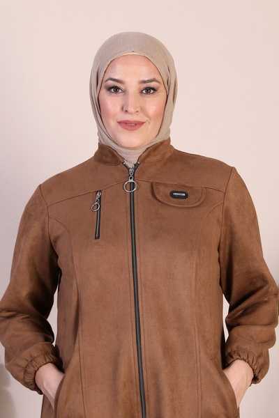 Ferace Women's Large Size Hijab Suede Cap - Long Top Coat with Neck Zipper