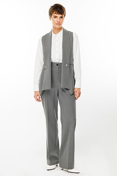 Moda İlgi Modailgi  Şal Yaka Süs Düğme Detaylı Çizgili Yelek Gri