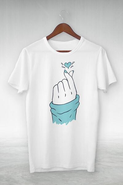 donamod Tricou unisex, alb, albastru, inimă minusculă, deget de cal, ilustraț...