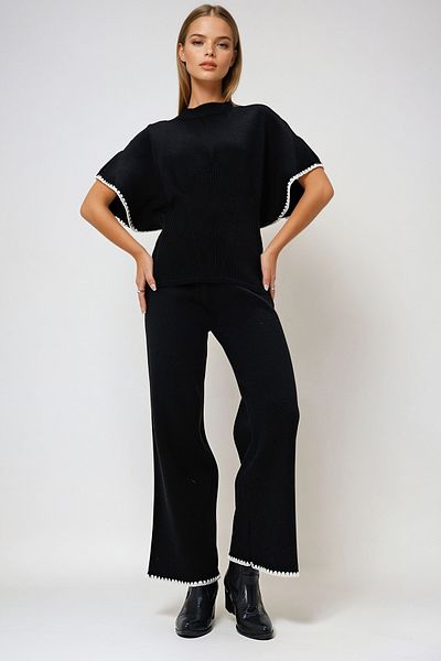 VAGGON Set bluză neagră cu gât și pantaloni Palazzo - Talie cusută, Gipeli Prm1262