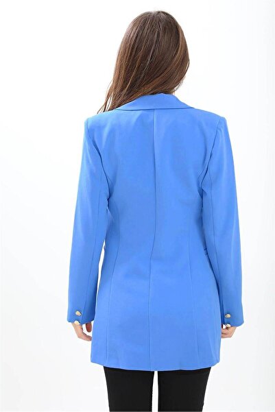 VAPUR TEKSTİL Atlas Fabric Women's Blazer Jacket with Padded Shoulders and Snaps on the Front - Blue