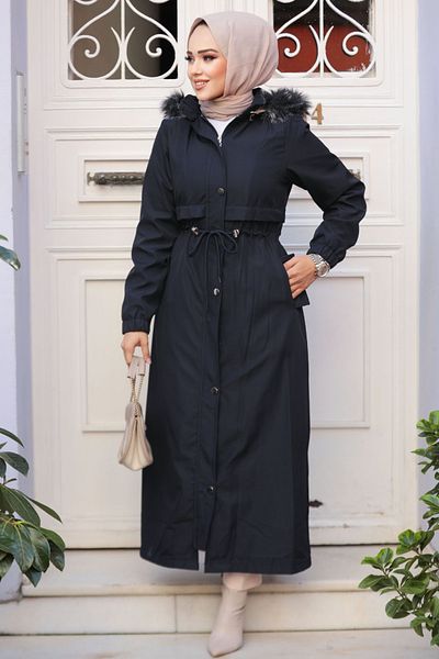 Neva Style Navy Blue Fur Hijab Parka - 90281L