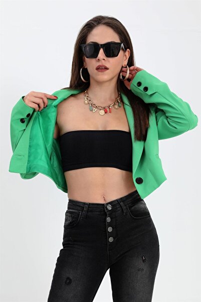VAPUR TEKSTİL Green Short Crop Blazer Jacket - Double Peto Pockets