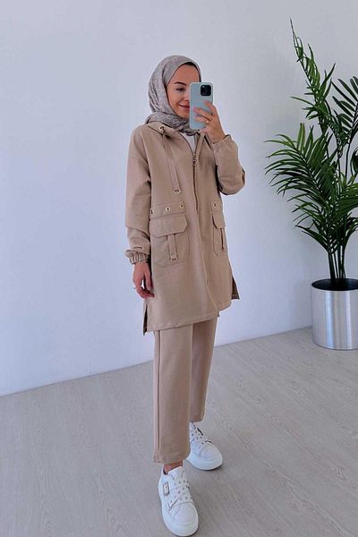 Ka Hijab Camel Eyelet Detailed Hooded 2-Piece Hijab Set - Two Thread