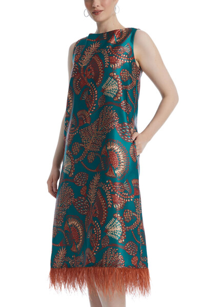 SERPİL Desenli Tüy Detaylı Midi Boy Kolsuz Saten Petrol Elbise 38904