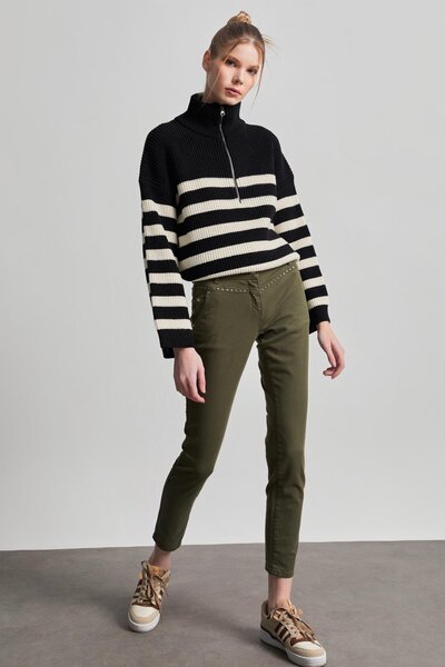 YOUR NAME Kadın Haki Yeşil Orta Bel Taş Detaylı Skinny Jean