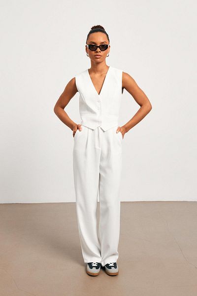 YOUR NAME High Waist Pleated White Women's Palazzo Trousers