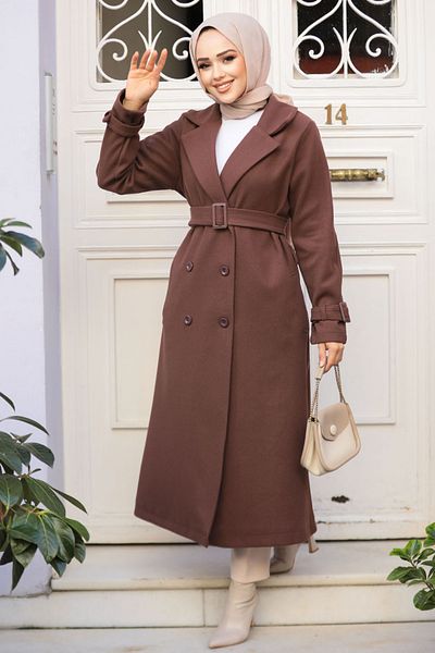 Neva Style Brown Stamped Hijab Coat - Belted, 61251Kh