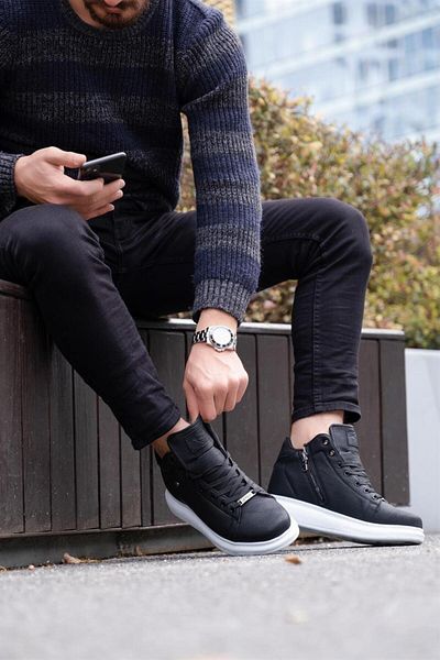 L.A Polo Men's Casual High Top Zippered Black and White Sneaker Shoes