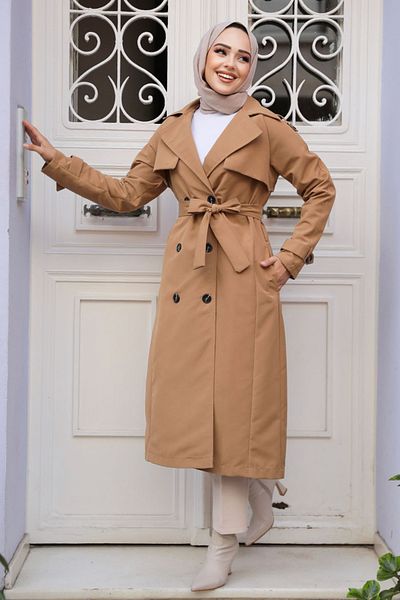 Neva Style Καμπαρντίνα μπισκότου με ζώνη Hijab - 61261BS