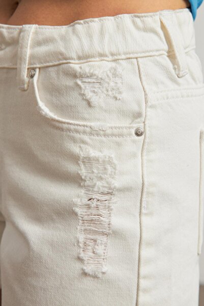 yourname collection Beyaz Beli Lastikli Denim Şort