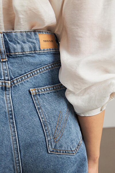 YOUR NAME Yüksek Bel Koyu Mavi Denim Kadın Şort