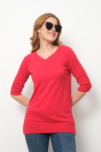 Clothes Fast Women's Red Raglan Sleeve V-Neck Sweater