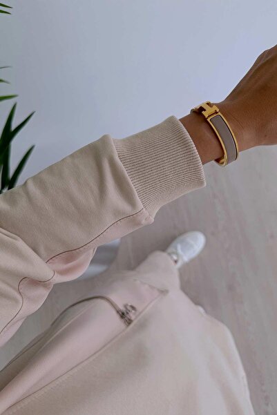 Ka Hijab Crew Neck Zipper Detailed Hijab Set of 2 - Beige