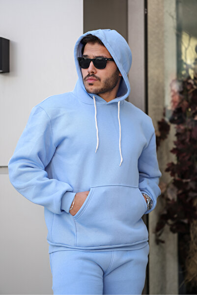 YAKAMEL Erkek Bol Oversize 3 İplik İçi Pamuklu Kanguru Cep Kapşonlu Lastikli Paça Jogger Kış Eşofman Takımı