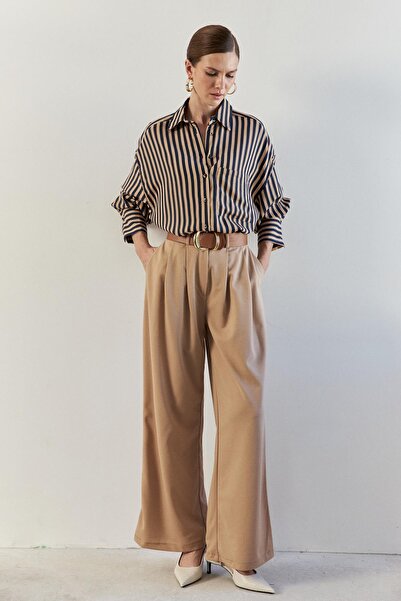 YOUR NAME Kalın Kemer Detaylı Bol Kesim Camel Kadın Palazzo Pantolon