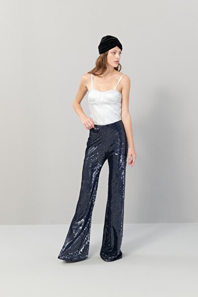 Roman Payetli Geniş Paça Pantolon Lacivert K2512064_015