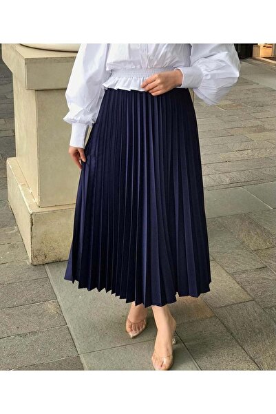 Gamzem 24y2183 Pleated Leather Look navy Blue Skirt - 38