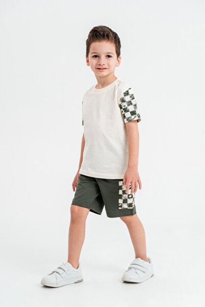 Mışıl Kids Boys' T-Shirt Shorts Set with Checkerboard Pattern on Sleeves