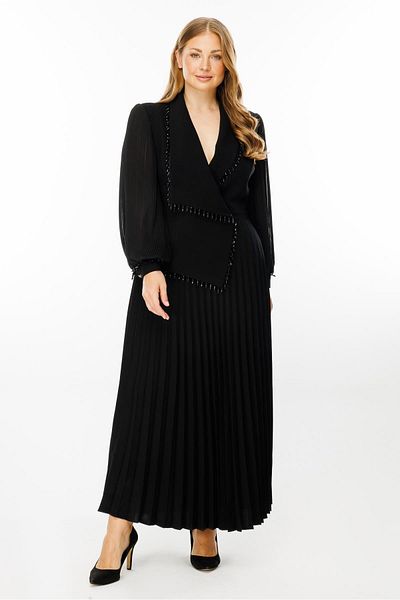 Moda İlgi Μαύρο μακρύ φόρεμα Modailgi με πλισέ και λεπτομέρεια από χάντρες