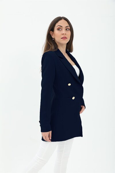 VAPUR TEKSTİL سترة نسائية من قماش الأطلس مع أكتاف مبطنة ومشابك أمامية - أزرق داكن