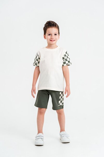 Mışıl Kids Boys' T-Shirt Shorts Set with Checkerboard Pattern on Sleeves