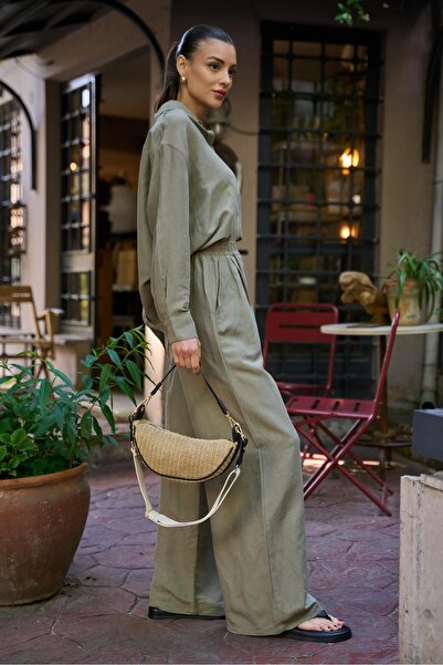 YOUR NAME Жіночі штани з льону хакі - вільний крій та еластичний пояс