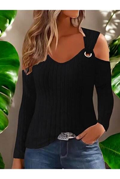 StilVibe Bluză neagră de damă cu mânecă lungă, cu detaliu de accesorii pentru...