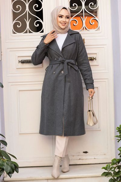 Neva Style Smoked Stamped Belted Hijab Coat - 61210Fu
