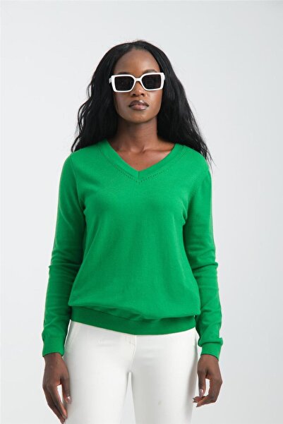 Moda Days Pulover de damă Pulover verde cu decolteu în V