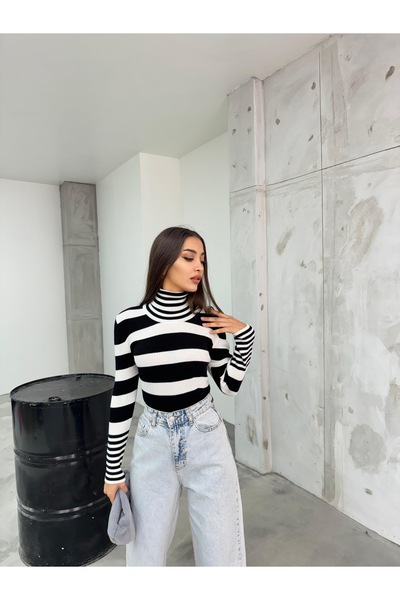 BİKELİFE Pulover de damă cu dungi negre din lycra cu textura moale tricotaje de bază