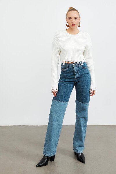 YOUR NAME Blugi de damă, drepti, albaștri, cu talie înaltă