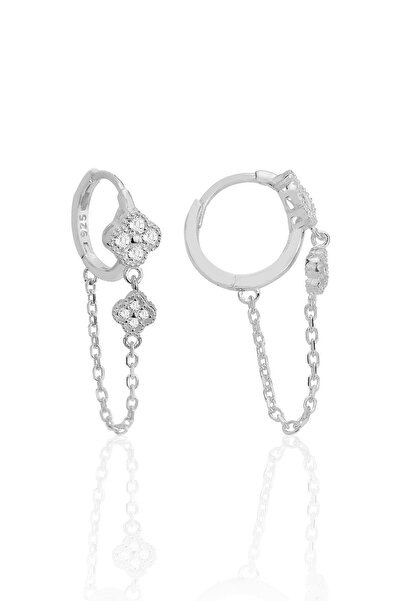 Söğütlü Silver Gümüş rodyumlu zirkon taşlı zincirli yonca modeli halka küpe S...