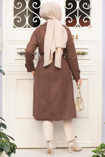 Neva Style Belted Brown Hijab Coat 61210Kh