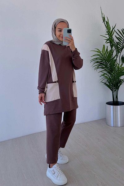 Ka Hijab Crew Neck Zippered Hijab Set of 2 - Brown