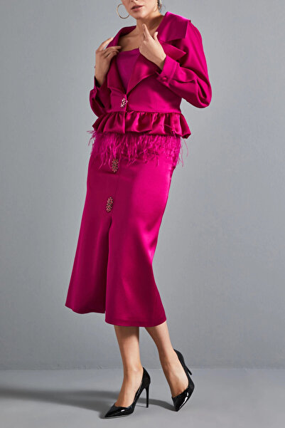 SERPİL Fırfırlı Tüylü Taşlı Düğme Detaylı Fuşya Ceket 37158