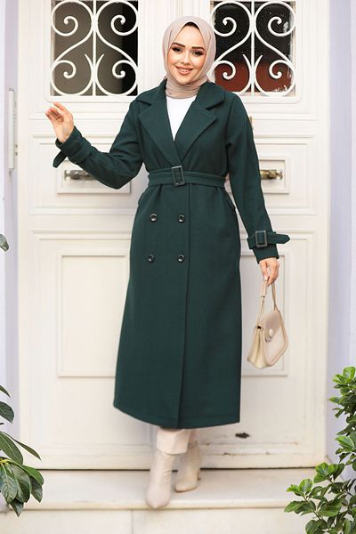 Neva Style Emerald Green Belted Stamped Hijab Coat - 61251Zy